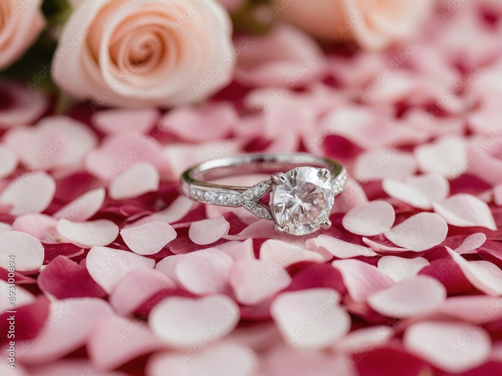 diamond engagement ring lying on a bed of rose petals. The background is blurred, with soft lighting and a romantic atmosphere diamond engagement ring lying on a bed of rose petals. The background is blurred, with soft lighting and a romantic atmosphere