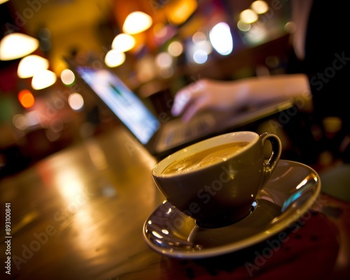 Close up hd photo of latte cup with woman typing on laptop in cafe background, canon eos style