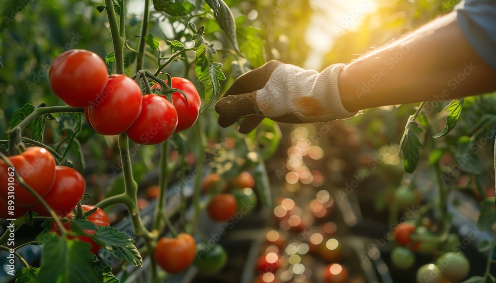 A gardeners hand selects ripe, red tomatoes among the verdant vines of a sunlit greenhouse, showcasing sustainable agriculture A gardeners hand selects ripe, red tomatoes among the verdant vines of a sunlit greenhouse, showcasing sustainable agriculture