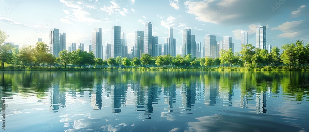 custom made wallpaper toronto digitalA futuristic vision of a green city with modern buildings is beautifully reflected in the calm waters of a lake, symbolizing urban sustainability