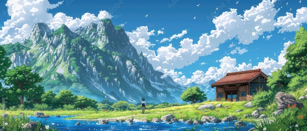 Fototapeta premium Tranquil Cottage Nestled in a Lush Valley