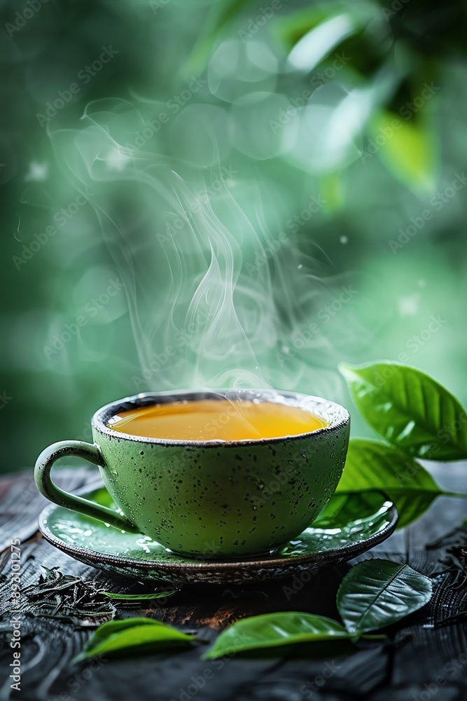 Fototapeta premium Closeup of a steaming cup of green tea with loose leaves scattered around, highlighting the vibrant color and aroma of freshly brewed tea