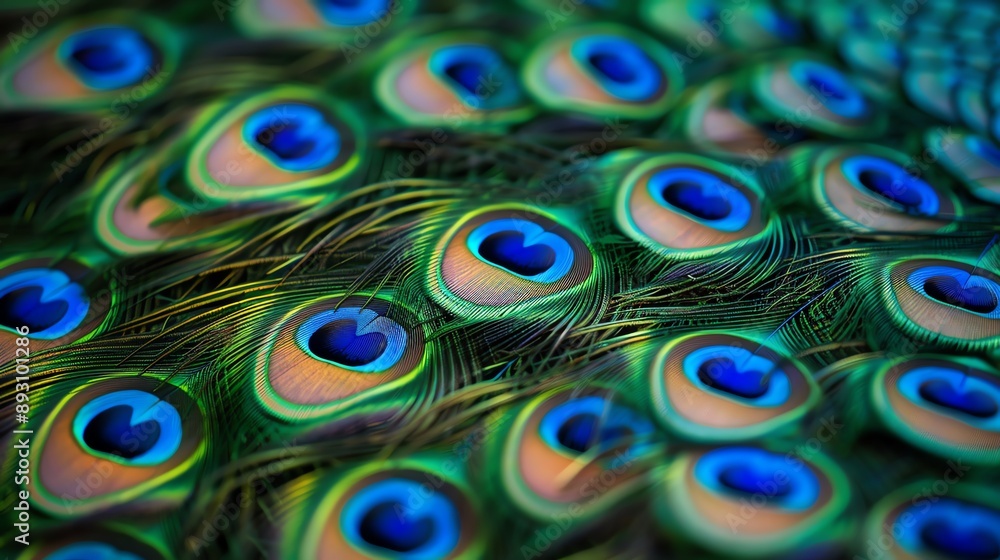 Obraz premium Closeup of peacock feathers, vibrant iridescence, soft focus, natural pattern