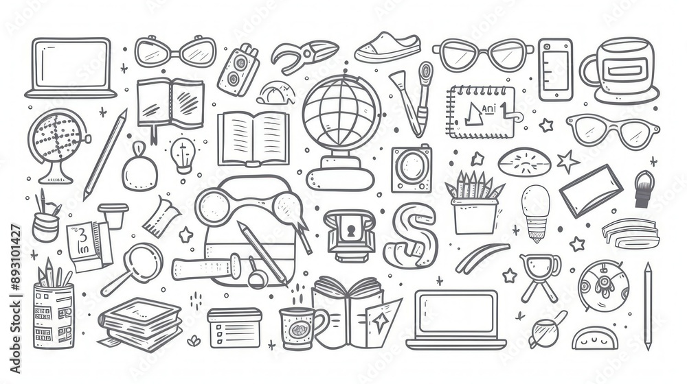 Simple doodle of school items in high-res vector line art, black and white. Simple doodle of school items in high-res vector line art, black and white.