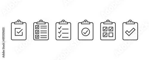Clipboards with check list - flat line icons set, pixel perfect, editable stroke, vector eps10 illustration