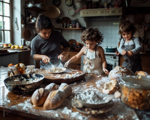 Family baking chaos kids and parents making a mess while baking together in the kitchen