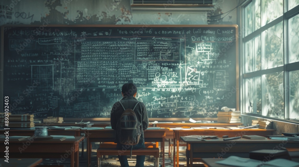 A Man Sitting at a Desk in Front of a Chalkboard With a Window Next to Him - Generative AI A Man Sitting at a Desk in Front of a Chalkboard With a Window Next to Him - Generative AI