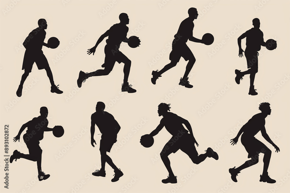 Eight Dynamic Basketball Player Silhouettes in Motion Eight Dynamic Basketball Player Silhouettes in Motion