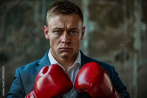 A Russian Businessman's Determined Gaze: Boxing Gloves and a Suit in the City