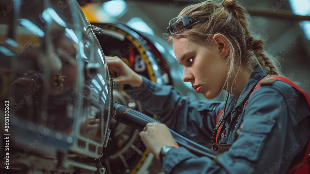 A Female Helicopter Mechanic Inspects the Propeller of a Powerful Aircraft A Female Helicopter Mechanic Inspects the Propeller of a Powerful Aircraft