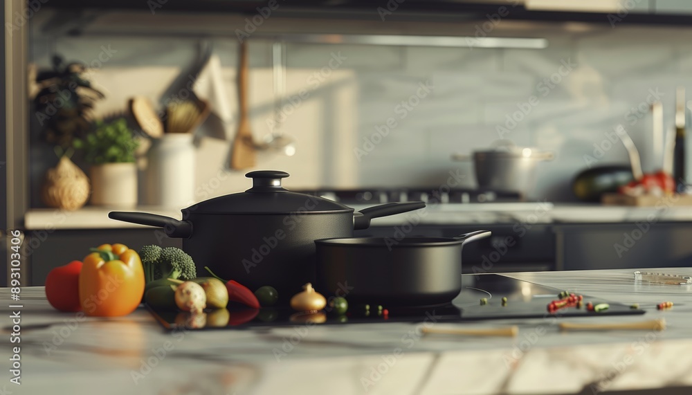 Modern kitchen set with black matte plastic utensils, pots, fresh produce, spices, close up shot Modern kitchen set with black matte plastic utensils, pots, fresh produce, spices, close up shot