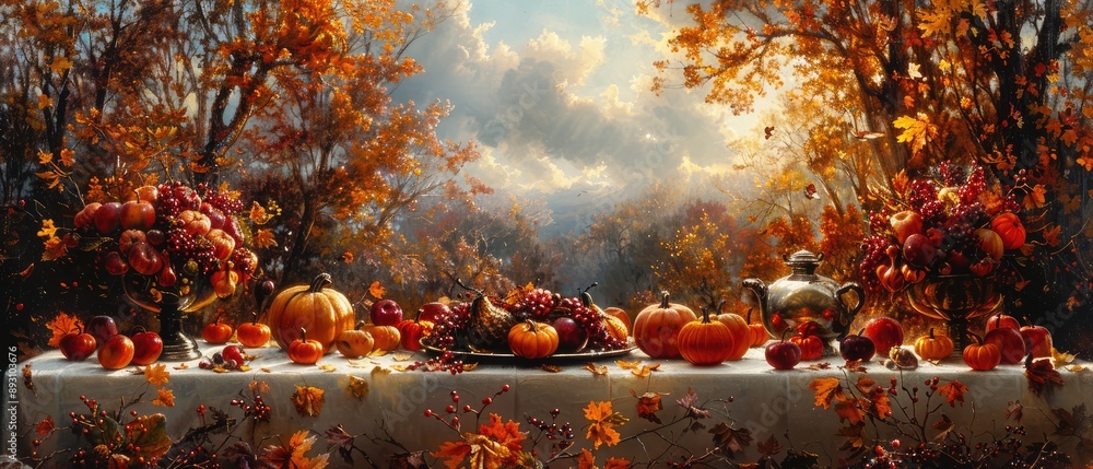 Autumn Harvest Still Life with Golden Sunlight and Lush Foliage Autumn Harvest Still Life with Golden Sunlight and Lush Foliage