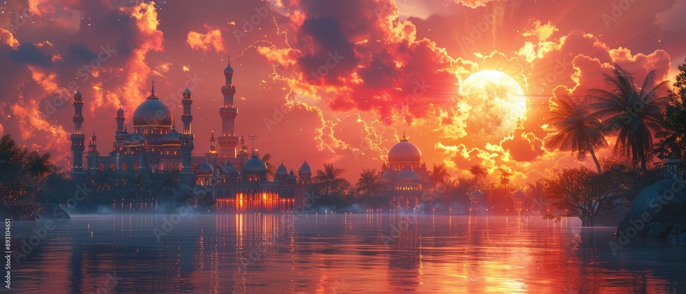 Golden Mosque at Sunset over a Tranquil Lake Golden Mosque at Sunset over a Tranquil Lake