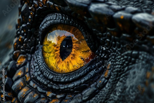 The dinosaur's scary close-up yellow eye. Dinosaur hunters are looking with their terrible yellow eyes. An eye of a dinosaur.