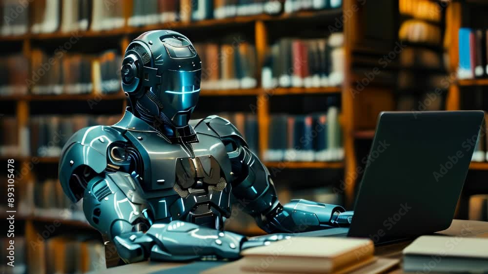 Robot working on a laptop in a library Robot working on a laptop in a library