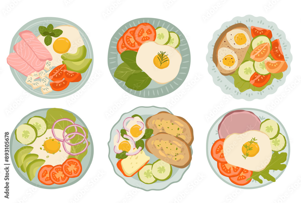 Collection of healthy food plates meal vector illustration for breakfast, lunch, dinner Collection of healthy food plates meal vector illustration for breakfast, lunch, dinner