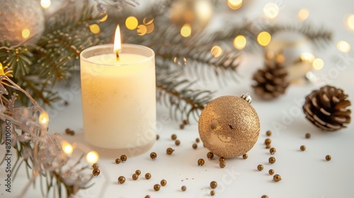 Candle and festive decor on white background. New Year and Christmas interior ornaments.