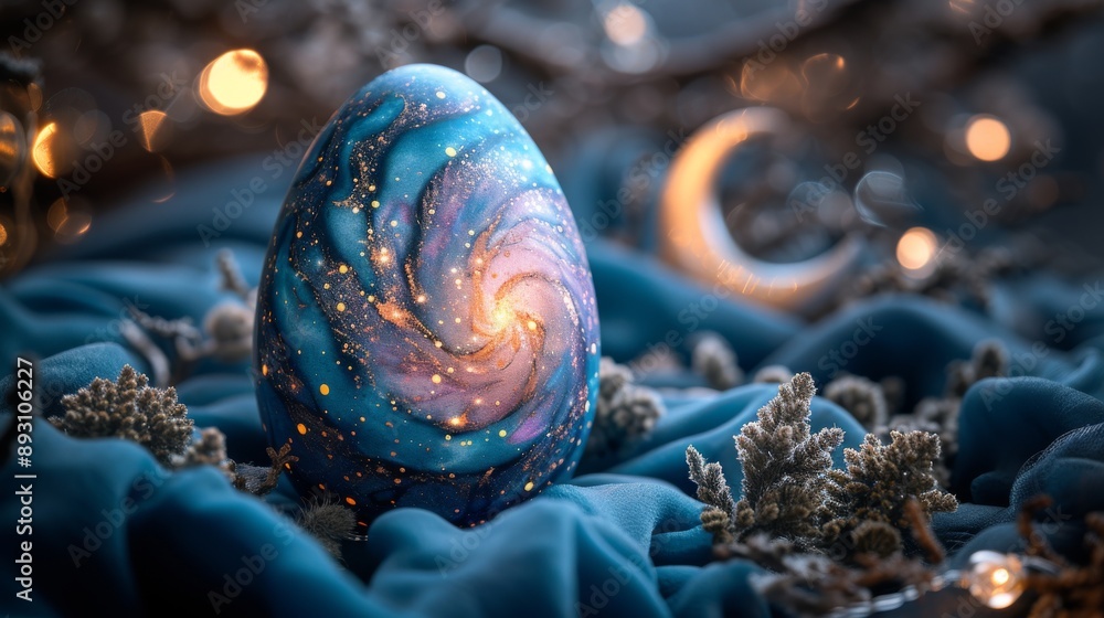 A Close up of a Blue and Purple Egg On a Bed of Blue Fabric - Generative AI A Close up of a Blue and Purple Egg On a Bed of Blue Fabric - Generative AI