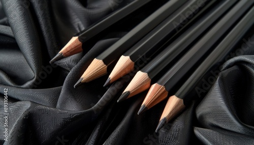 Black pencils, fabric black background, ideal for school or office setups.