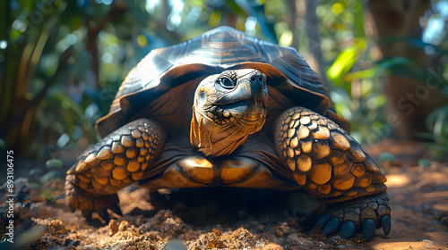 Realistic turtle walking through the forest illustration