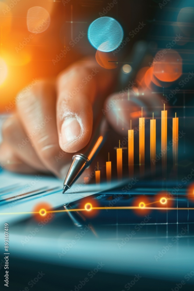 A close-up of a businessperson's hand holding a pen, with financial graphs and charts layered over, signifying analysis and decision-making A close-up of a businessperson's hand holding a pen, with financial graphs and charts layered over, signifying analysis and decision-making