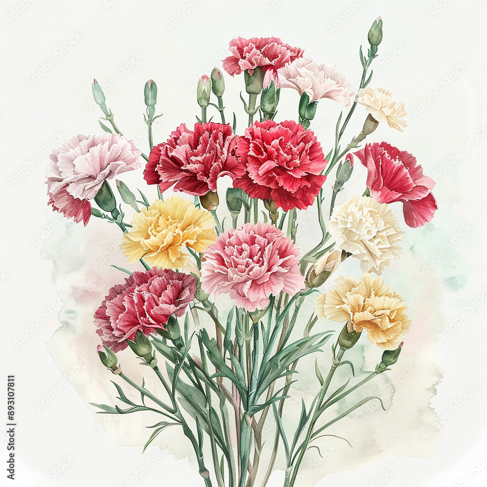 A bouquet of pink carnations in the middle with a soft gray watercolor background A bouquet of pink carnations in the middle with a soft gray watercolor background