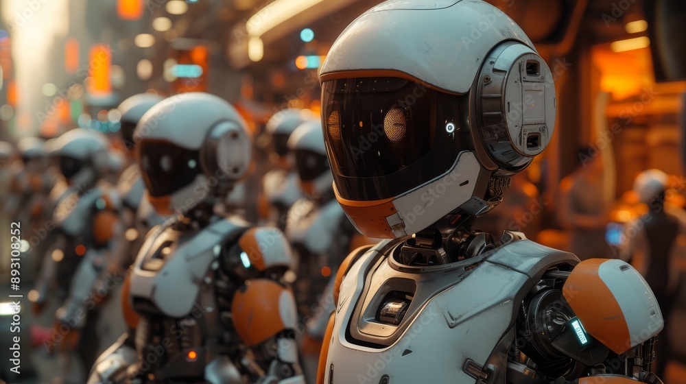 A Group of Robots Are Lined up Next to Each Other on a City Street - Generative AI A Group of Robots Are Lined up Next to Each Other on a City Street - Generative AI