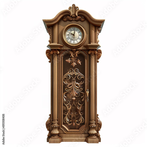 A classic grandfather clock with ornate carvings designs for Print on Demand (POD) on a white background. photo