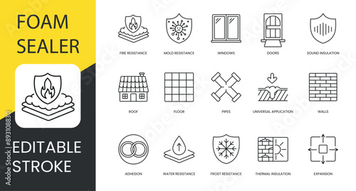 Polyurethane foam properties and places of application, vector line icon set with editable stroke, Adhesion and Water and Frost resistance, Doors and Sound insulation, Roof and Windows