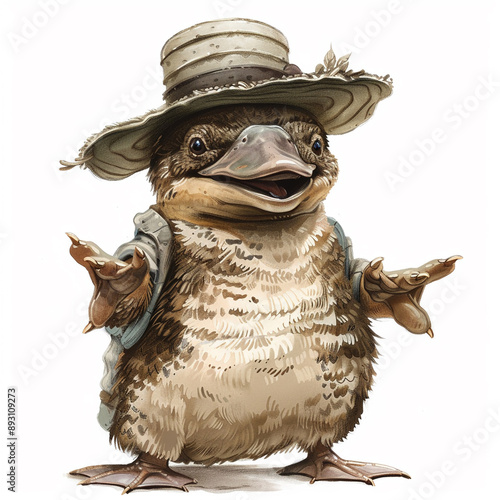 A happy platypus with a hat designs for Print on Demand (POD) on a white background. photo