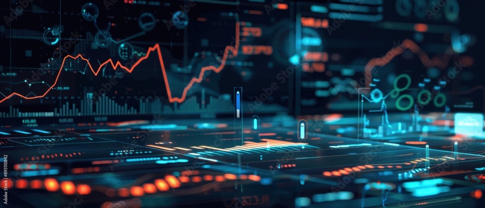Obraz premium Financial data visualization, holographic stock market graphs, futuristic tech, sleek modern interface