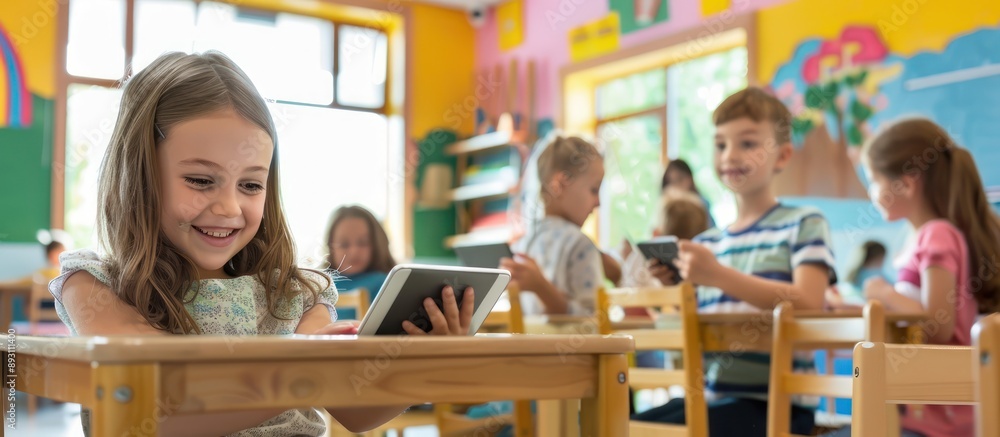 Girl in a classroom using an iPad, smiling, surrounded by classmates on devices. Girl in a classroom using an iPad, smiling, surrounded by classmates on devices.