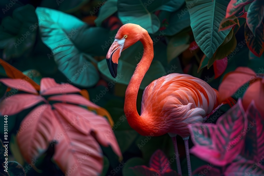 Obraz premium Vibrant Pink Flamingo Amidst Lush Tropical Foliage
