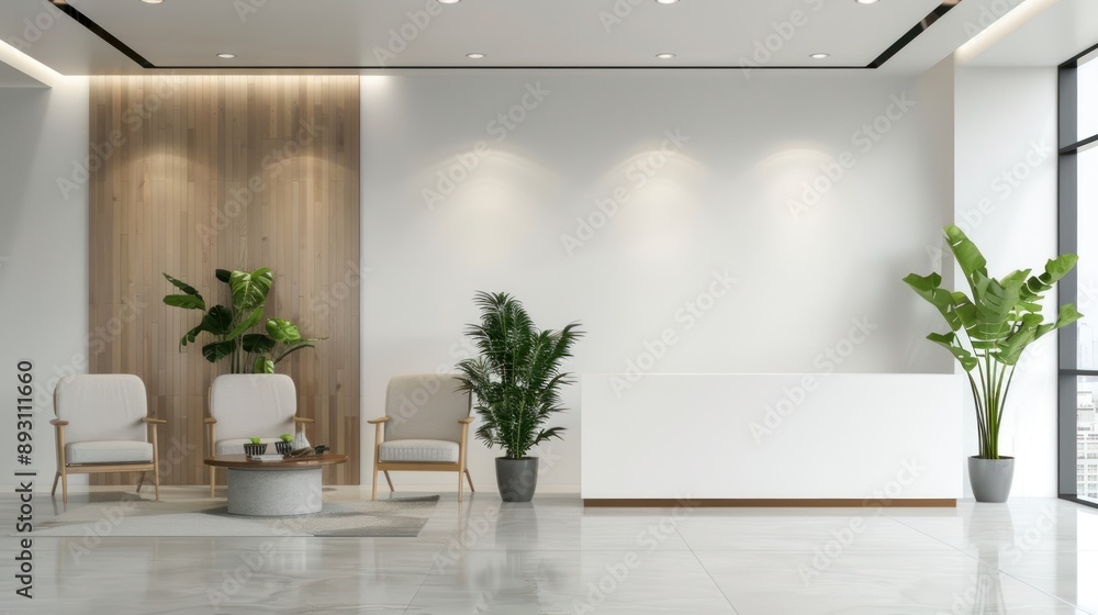 Comfortable office lobby interior design with empty white walls. modern architectural background. Ai generated image Comfortable office lobby interior design with empty white walls. modern architectural background. Ai generated image
