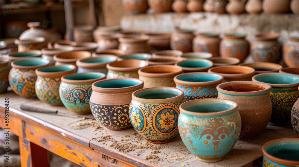 A Row of Vases Are Lined up on Top of a Wooden Table Ready to Be Filled With Pottery - Generative AI A Row of Vases Are Lined up on Top of a Wooden Table Ready to Be Filled With Pottery - Generative AI
