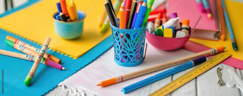Obraz premium Bright and detailed photo of colorful school supplies on white, perfect for showcasing creativity.