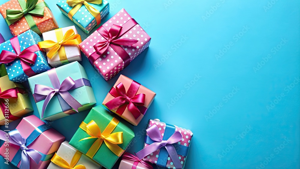 Colorful gift boxes with vibrant ribbons on a soft blue background , birthday, celebration, presents, surprises, wrapping Colorful gift boxes with vibrant ribbons on a soft blue background , birthday, celebration, presents, surprises, wrapping