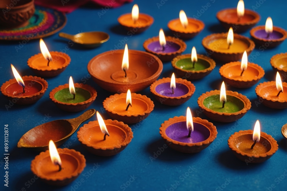 Happy Diwali - Clay Diya lamps lit during Diwali, Hindu festival of lights celebration. Colorful traditional oil lamp diya on blue background Happy Diwali - Clay Diya lamps lit during Diwali, Hindu festival of lights celebration. Colorful traditional oil lamp diya on blue background