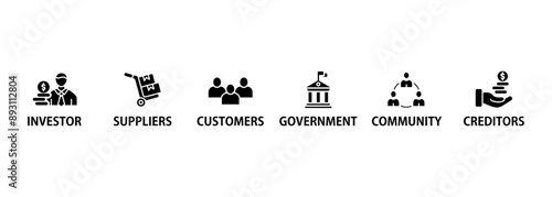 Stakeholder relationship banner web icon set vector illustration concept for stakeholder, investor, government, and creditors with icon of community, trade unions, suppliers, and customers