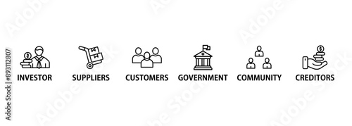 Stakeholder relationship banner web icon set vector illustration concept for stakeholder, investor, government, and creditors with icon of community, trade unions, suppliers, and customers
