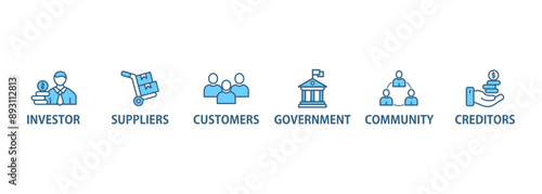 Stakeholder relationship banner web icon set vector illustration concept for stakeholder, investor, government, and creditors with icon of community, trade unions, suppliers, and customers