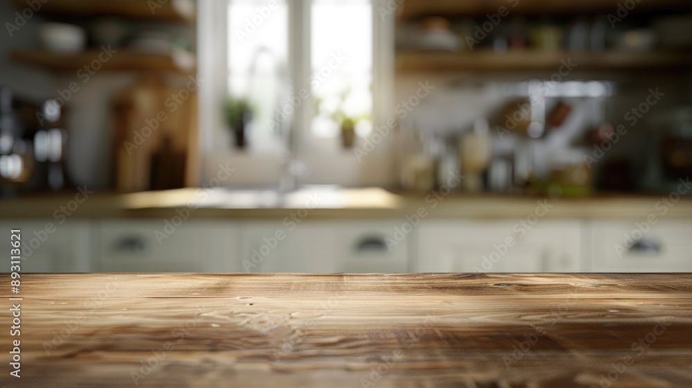 Blank surface in blurred kitchen with space for text Blank surface in blurred kitchen with space for text