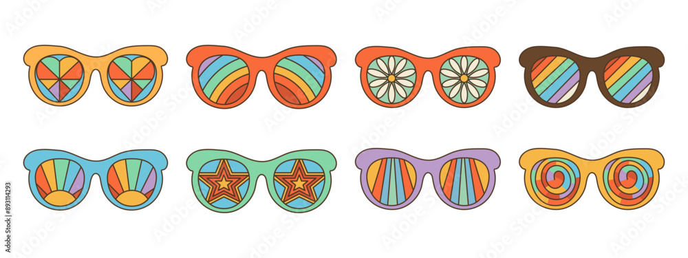 Groovy, psychedelic sunglasses in 70s retro hippie style. Groovy, psychedelic sunglasses in 70s retro hippie style.