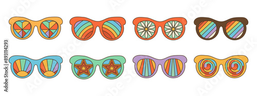 Groovy, psychedelic sunglasses in 70s retro hippie style.