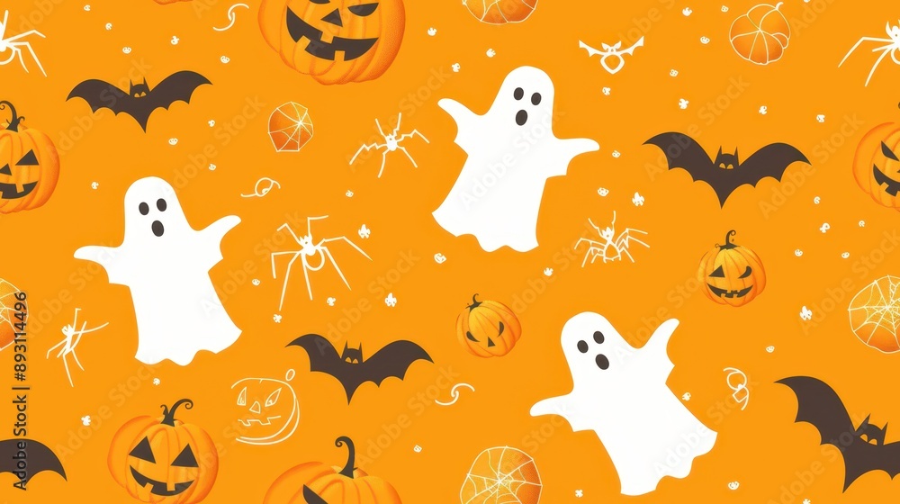 Festive Halloween seamless pattern featuring pumpkins, ghosts, and bats on a bright orange background, perfect for seasonal designs. Festive Halloween seamless pattern featuring pumpkins, ghosts, and bats on a bright orange background, perfect for seasonal designs.