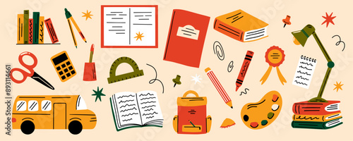 Back to school design concept elements set. Collection of stationery vector illustration in cartoon retro flat style, equipment for study, items, supplies for learning, books, backpack, ruler, pencils