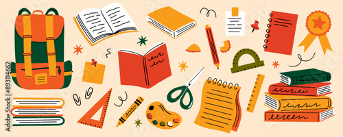 Back to school design concept elements set. Collection of stationery vector illustration in cartoon retro flat style, equipment for study, items, supplies for learning, books, backpack, ruler, pencils