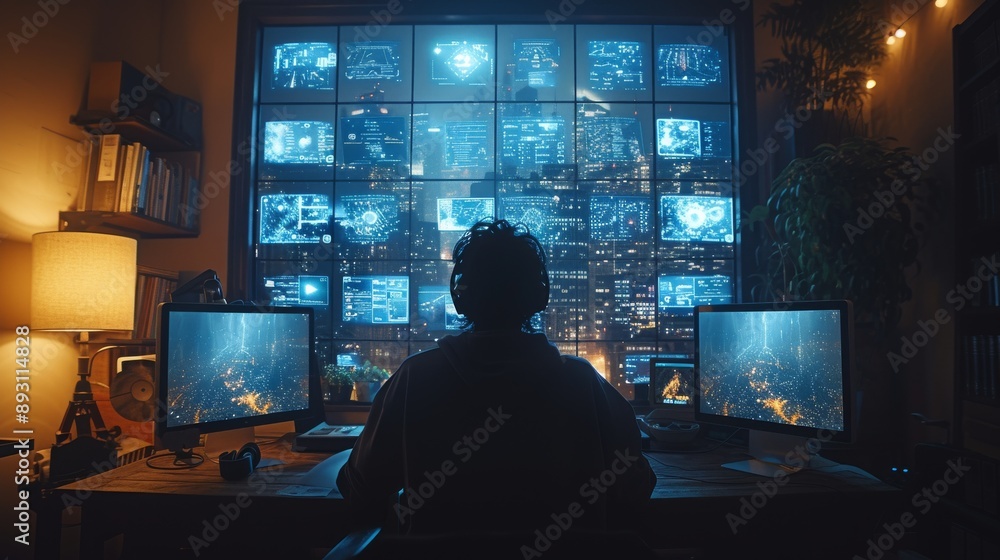 A Person Sitting at a Desk With Two Computer Monitors and a Large Cityscape in the Background - Generative AI A Person Sitting at a Desk With Two Computer Monitors and a Large Cityscape in the Background - Generative AI