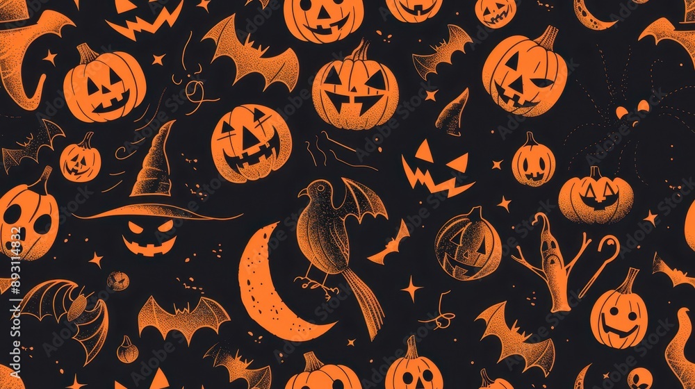 Seamless pattern showcasing various orange Halloween motifs, great for cheerful and festive designs Seamless pattern showcasing various orange Halloween motifs, great for cheerful and festive designs