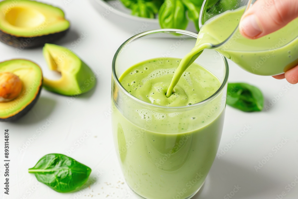 Fototapeta premium A hand pouring avocado juice into a glass, healthy drink food diet